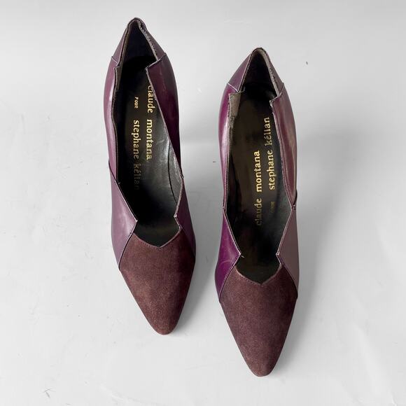 80s Stiletto Claude Montana Stephane Kelian 7.5 Geometric Leather Suede France - Picture 6 of 8